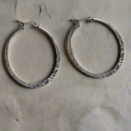 Large Hammered Hoop Earrings .925 Sterling Silver