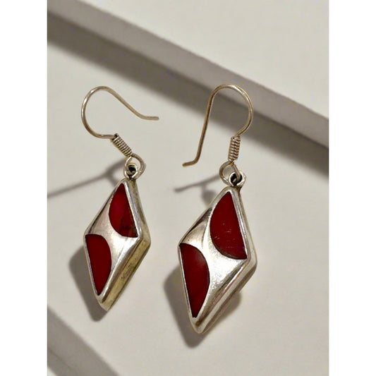 Vintage Taxco Mexico Amber Inlay Dangle Earrings  1.75” Long