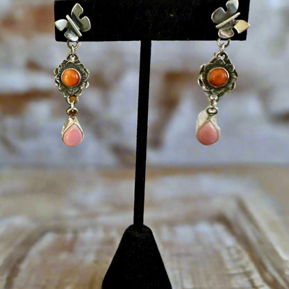 Pink Conch & Spiny Oyster Butterfly Sterling Dangle Earrings