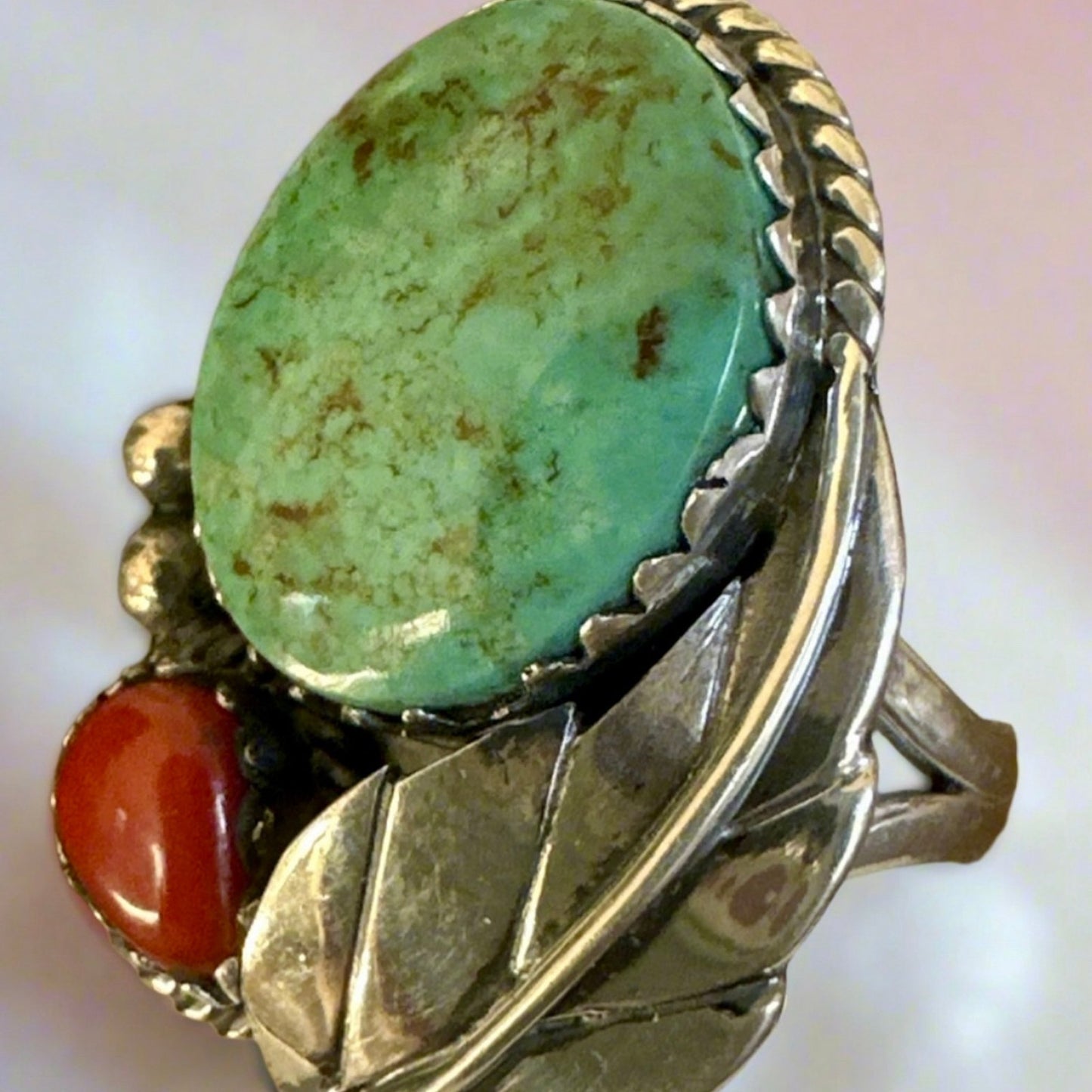 Kingman turquoise and Italian coral leaf rope design ring size 7