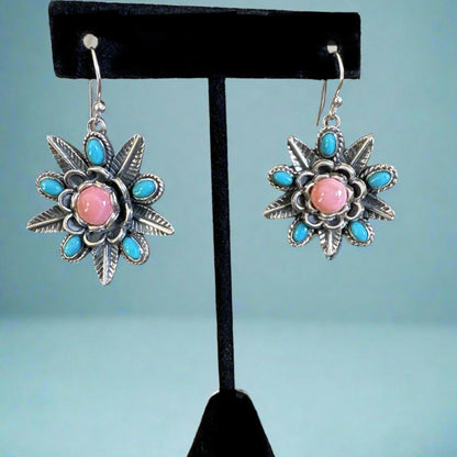 Southwestern Handmade Pink Conch & Turquoise Earrings 18 Grams
