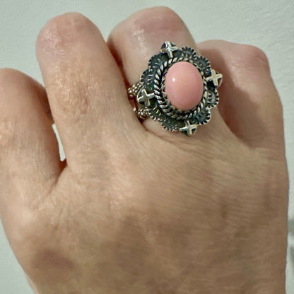 Pink Conch Cross Design  Ring .925 Sterling Silver Size 7