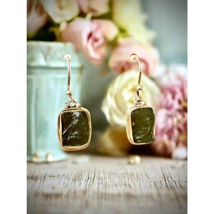 Rough Square Moldavite   925 Sterling Silver Dangle Earrings  1.5”