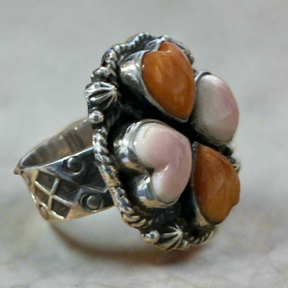 Spiny Oyster & Pink Conch Sterling Silver Southwestern Ring SZ 7