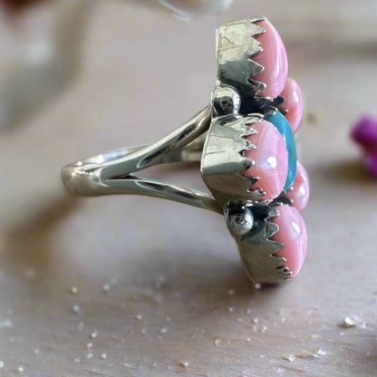 Pink Conch & Turquoise Hearts southwestern ring, size 7