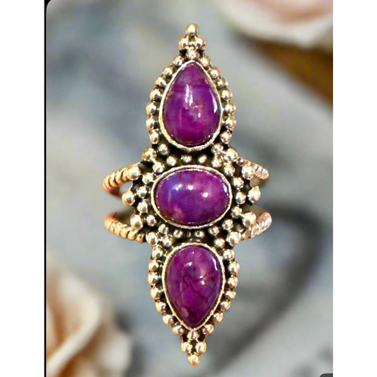 Natural Amethyst Three Stone Southwestern Ring Size 8
