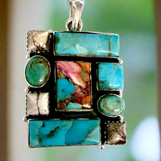 Pink Dahlia. Wild Horse Jasper & Turquoise Square Pendant 1.25x1.25 inches
