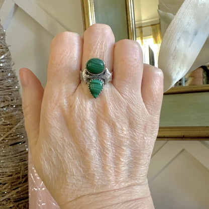 Malachite , two stone starfish ring 925 sterling size 9