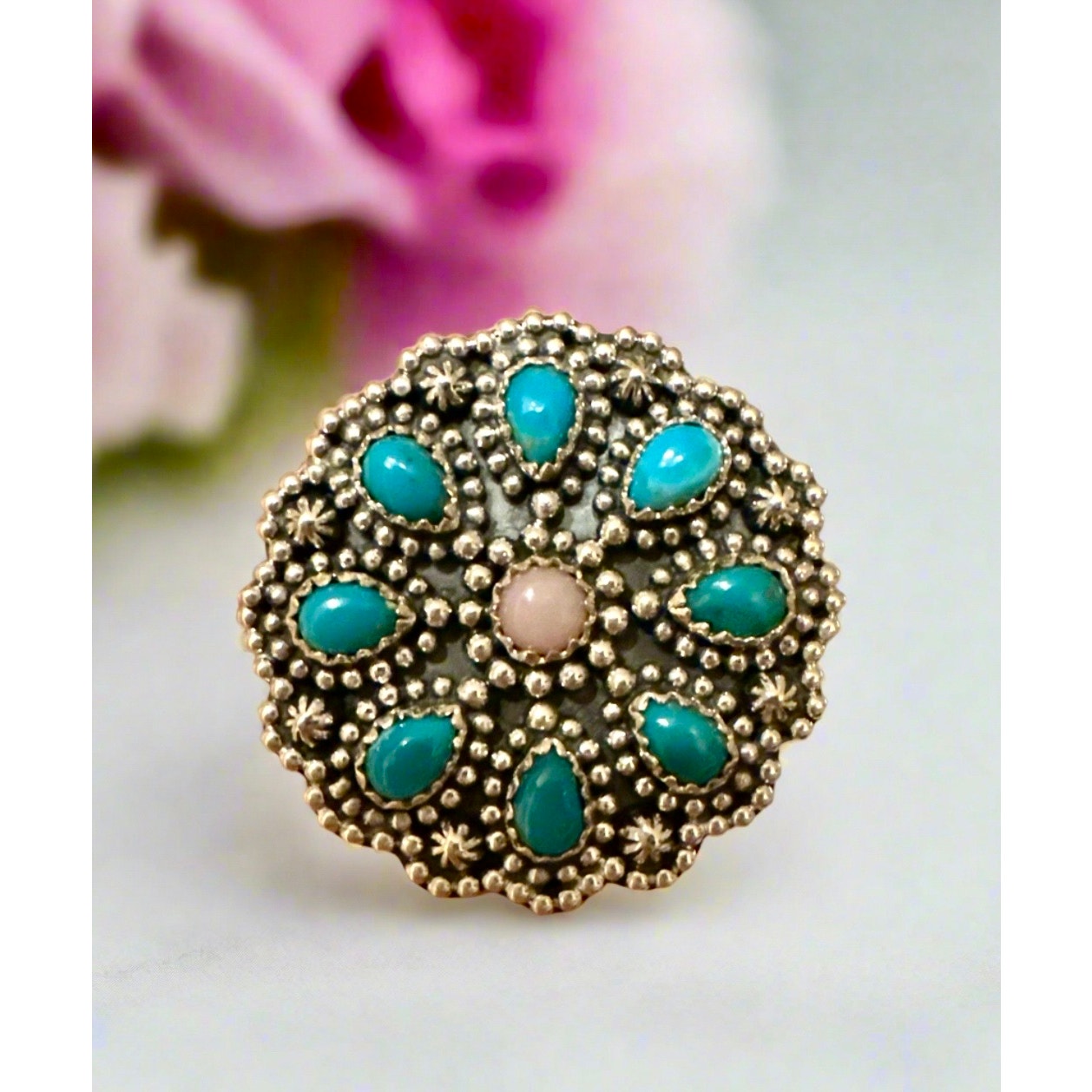 Kingman Turquoise & Pink Opal Floral Dots Southwestern Ring Size 7.75