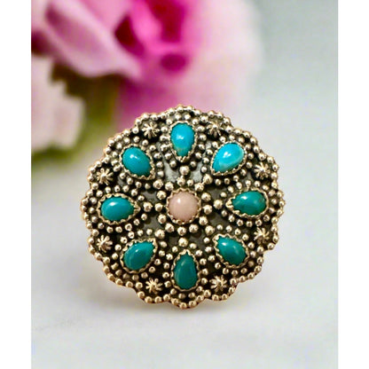 Kingman Turquoise & Pink Opal Floral Dots Southwestern Ring Size 7.75