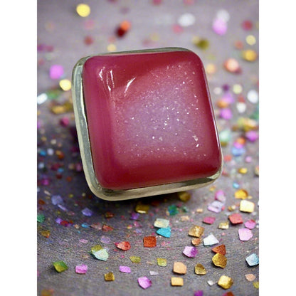 Pink Agate Druzy Square Statement Silver Ring Size 7.25