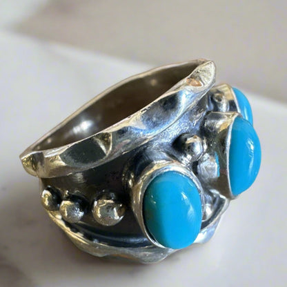 Kingman Turquoise 3 Stone Southwestern Band .925 Silver Size 8.5