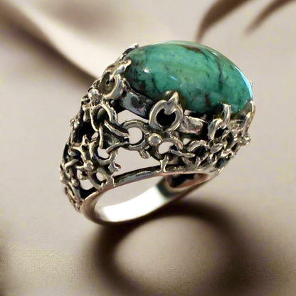 Amazing Turquoise Filigree Ring .925 Sterling Silver Ring Sz 8