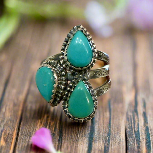 Three Stone Green Turquoise Teardrop Pear Ring Size 9