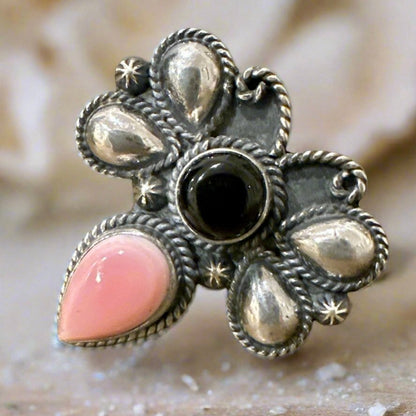 Onyx & Pink Conch Dragonfly Sterling Silver Ring Size 8.25