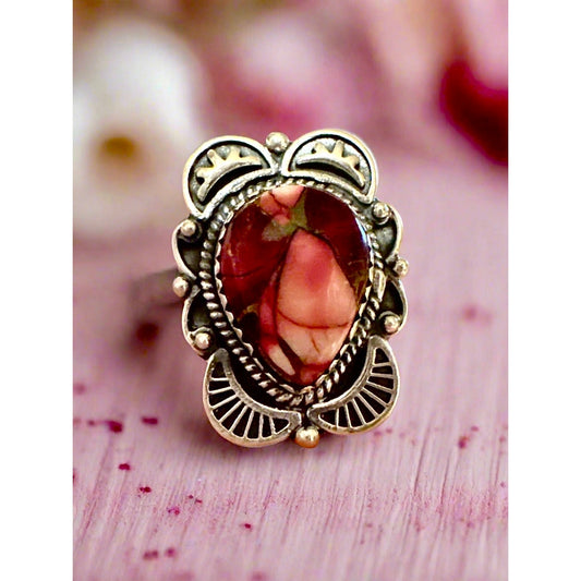 Red Rose Dahlia Teardrop Rope Sterling Silver Ring Adjustable