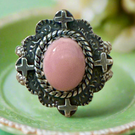 Pink Conch Cross Design  Ring .925 Sterling Silver Size 7