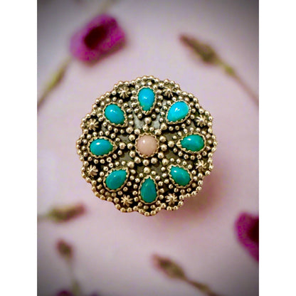 Kingman Turquoise & Pink Opal Floral Dots Southwestern Ring Size 7.75