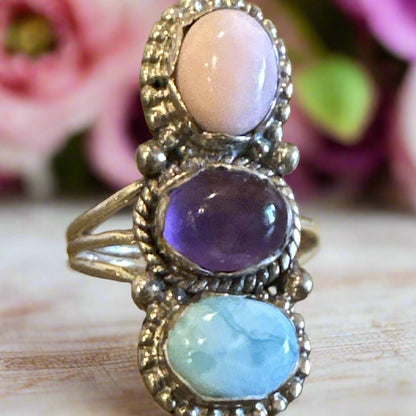 Larimar, Pink Opal & Amethyst Southwestern .925 Ring Size 8