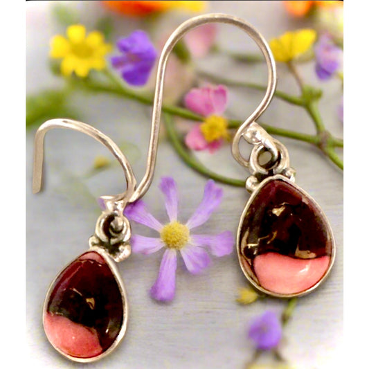 Red Rose Dahlia Turquoise Teardrop Dangle Earrings 1” Long
