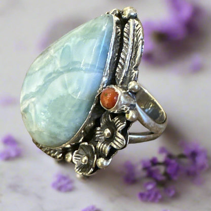 Larimar & Italian Coral southwestern Ring .925 Size 8.5