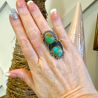 Mohave Turquoise Two Stone Sterling Silver Ring Size 7