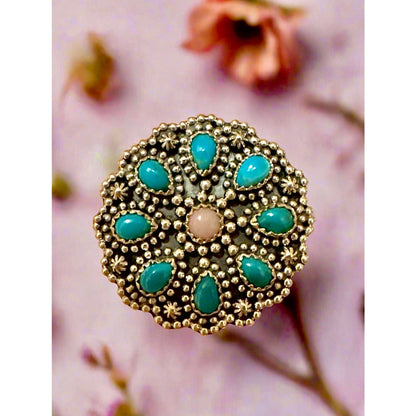 Kingman Turquoise & Pink Opal Floral Dots Southwestern Ring Size 7.75