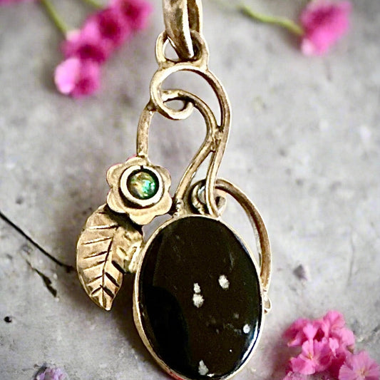 Snowflake Obsidian & Ethiopian Opal Oval Leaf Feather Pendant 2”