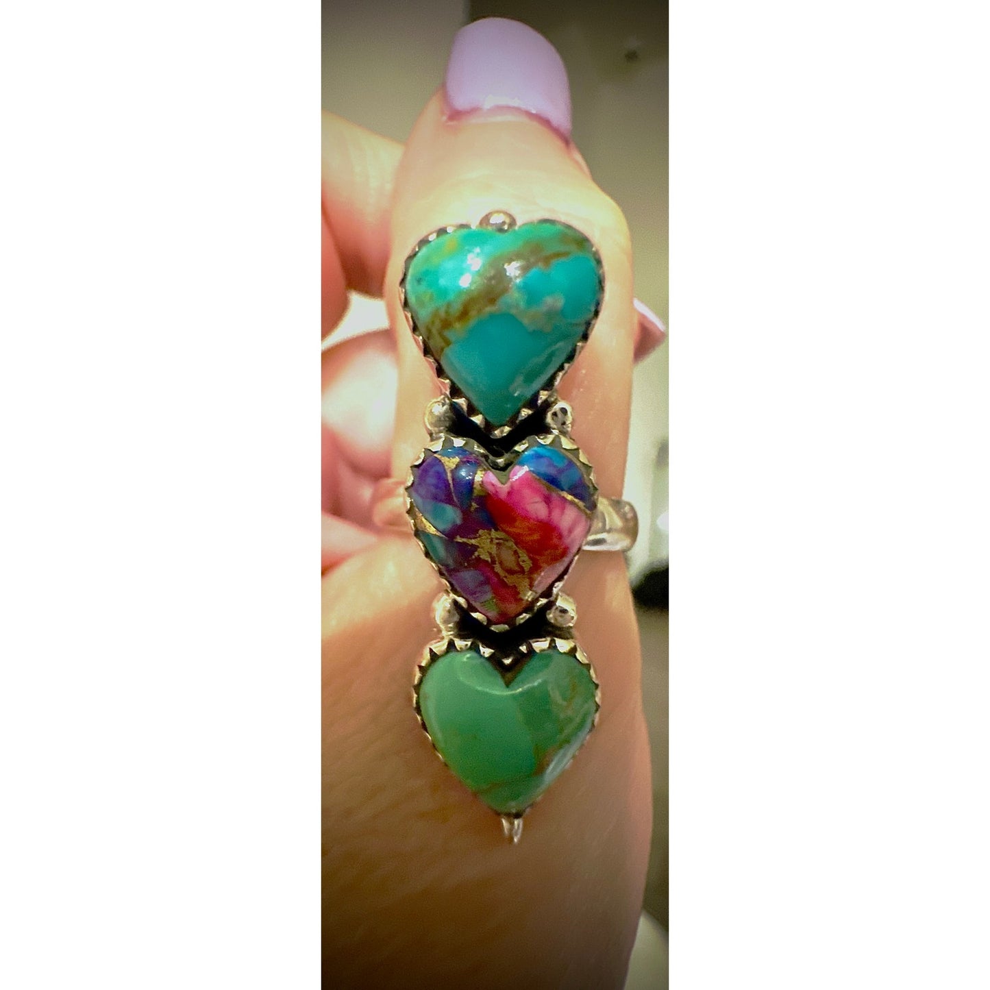 Kingman Turquoise & Pink Spiny Oyster Three Stone Ring Adjustable 925