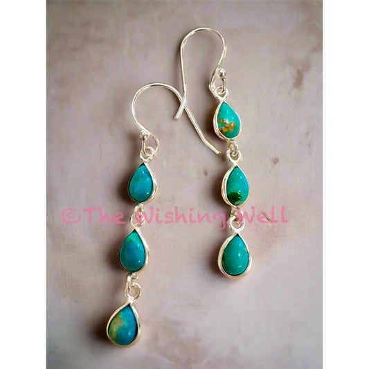 Three Stone Teardrop Turquoise Dangle Earrings| Sterling Silver 2”