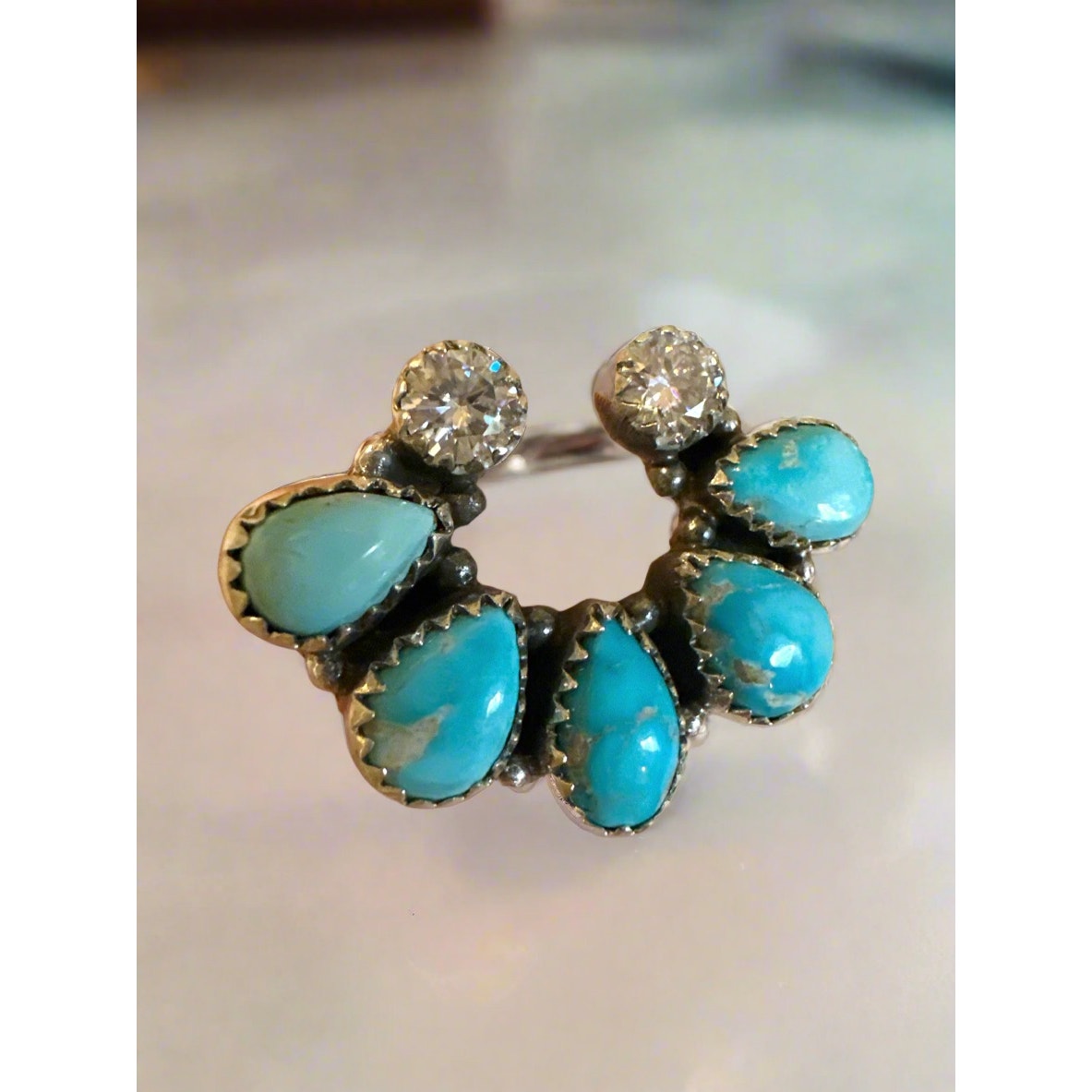 Bluebird Turquoise & Genuine Moissanite Diamond Naja Southwestern Ring Adjustable