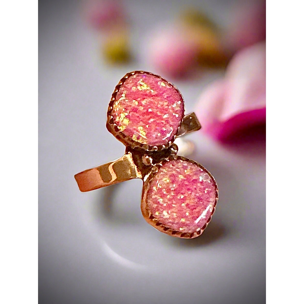 Pink Fire Aurora Opal Two Stone Ring Sterling Size 6-10