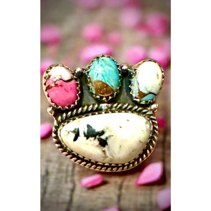 White Buffalo & Cotton Candy Cluster Sterling Ring Adjustable 5-11