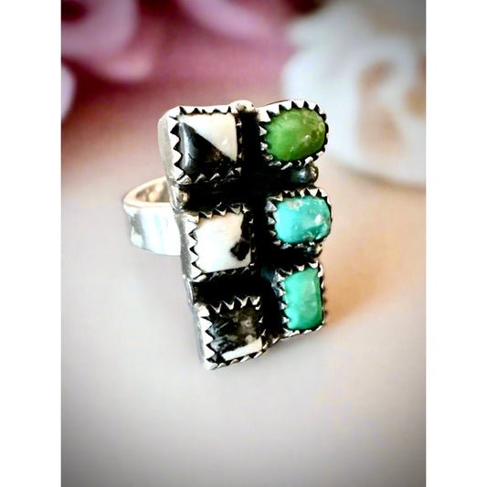 Sonoran Gold Turquoise | White Buffalo | Square Cluster Ring | 5-10