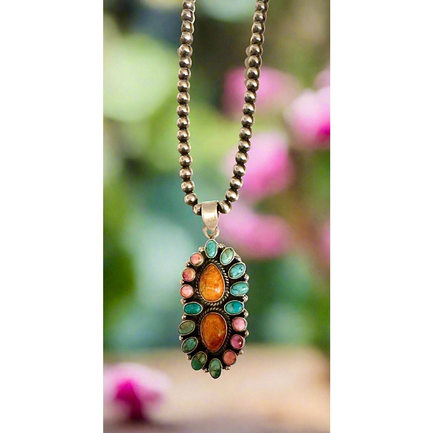 Blue turquoise orange spiny oyster pink Dahlia pendant 2.25”