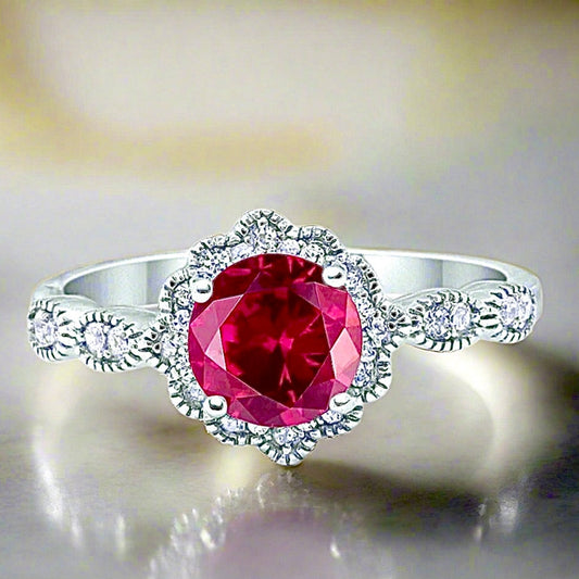 Floral Art Simulated Ruby Engagement Ring Sizes 4-12