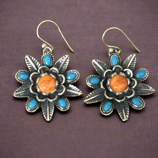Spiny Oyster & Turquoise Leaf Design Dangle Earrings 2”