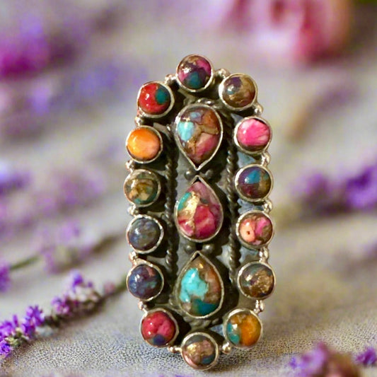 Stunning Spiny Oyster Pink Dahlia Southwestern Ring Adjustable 2” Long