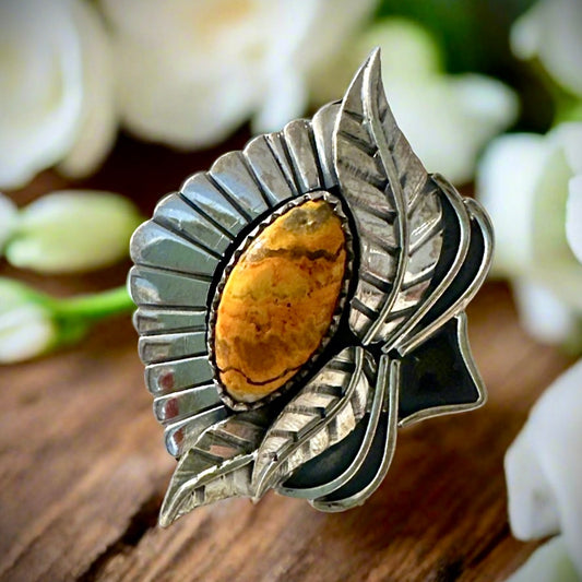 Bumblebee Jasper leaf/feather floral design southwestern ring size 7
