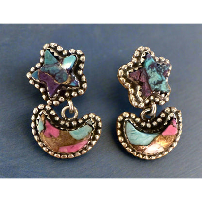 Cotton Candy Turquoise Star Moon Dangle Earrings 1”