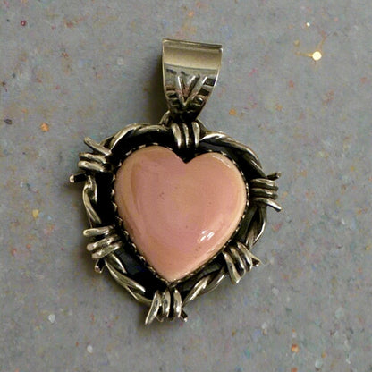 Barbed Wire Pink Conch Heart Pendant 1.25”