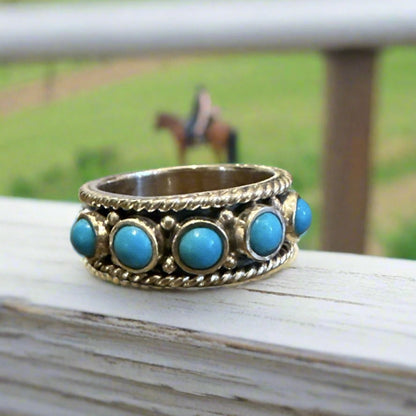 Turquoise 5 Stone .925 Sterling silver Band Ring Size 7.5