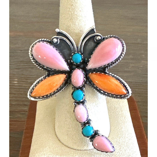 Southwestern Turquoise, Spiny Oyster Pink Conch Dragonfly Ring Size 7.5