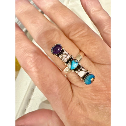 Ice Blue Dahlia Purple Dahlia & Wild Horse Fove Stone Long Ring Adjustable 5-11