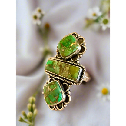 Copper Green Turquoise Three Stone Sterling Size Adjustable
