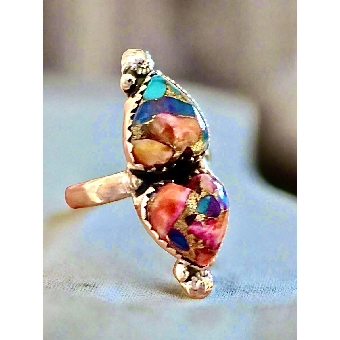 Spiny Oyster Two Stone 3D Heart Sterling Silver Ring Size 5-10