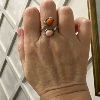 Spiny Oyster Pink Conch Southwestern Bypass Ring Sterling Silver
