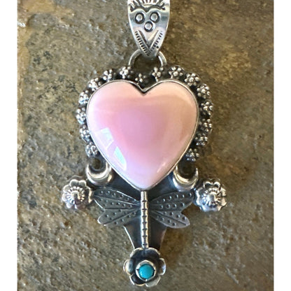 Pink Conch & Turquoise Heart & Dragonfly .925 Pendant.