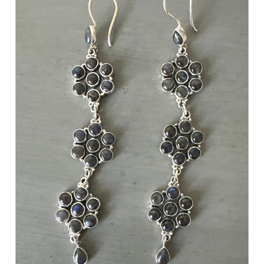 Natural  Labradorite Flower Dangle .925 Sterling Silver Earrings 4.5” Long!