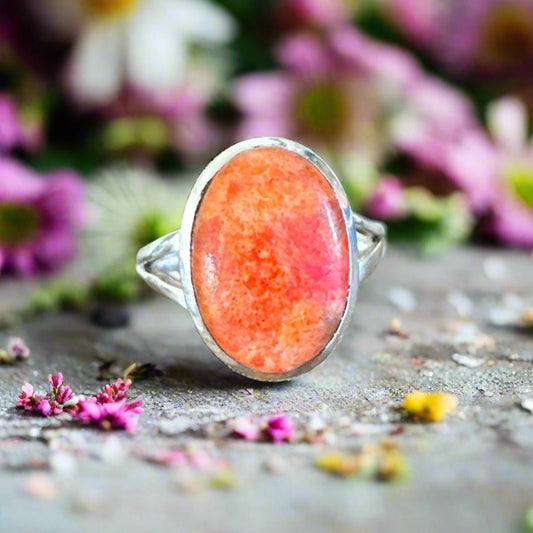 Sponge Coral Oval Sterling Silver Ring Size 8